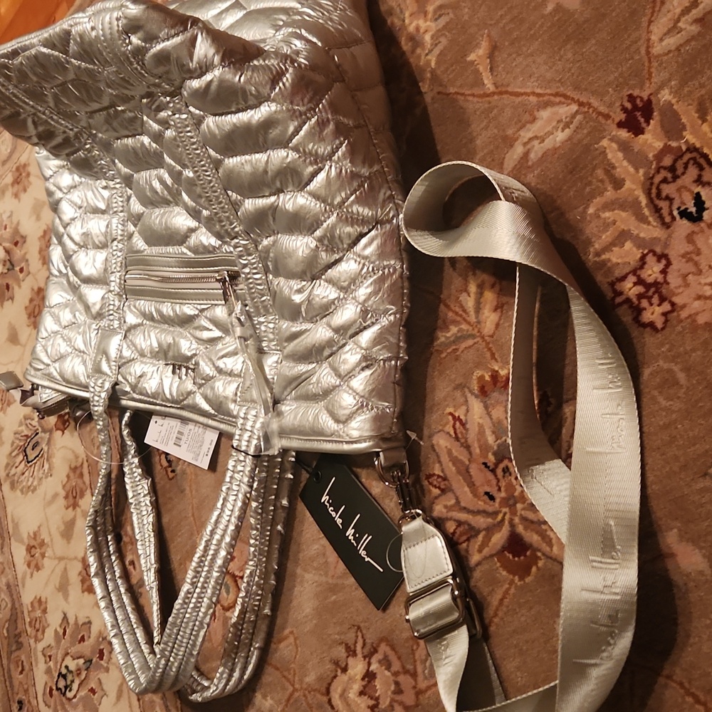 Nicole Miller Silver Quilted Women's Tote Bag Fancy Weekender Shoulder Bag - Picture 4 of 16
